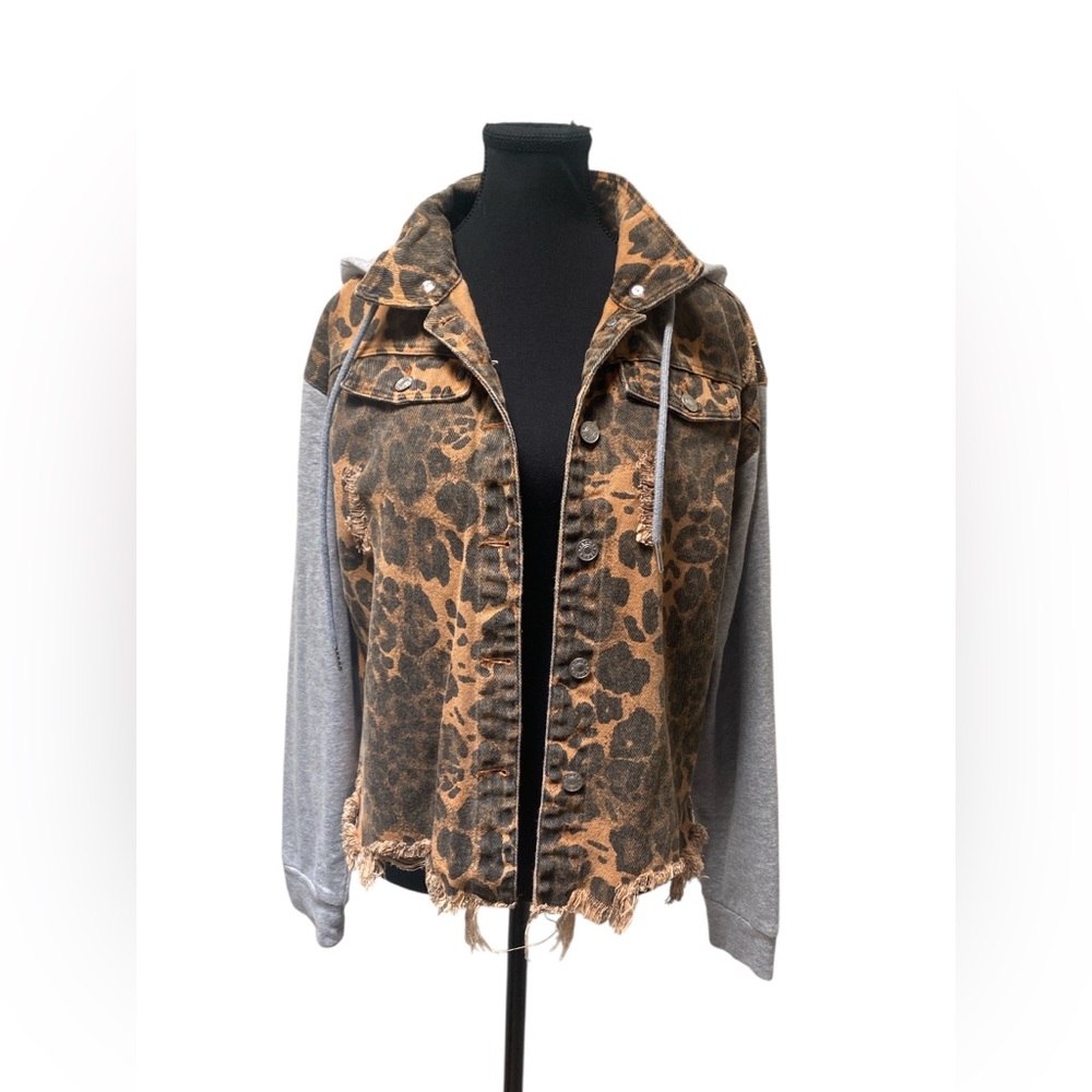 ODDY Leopard Print Hoodie Jean Jacket with Gray Sleeves GUC. S/M